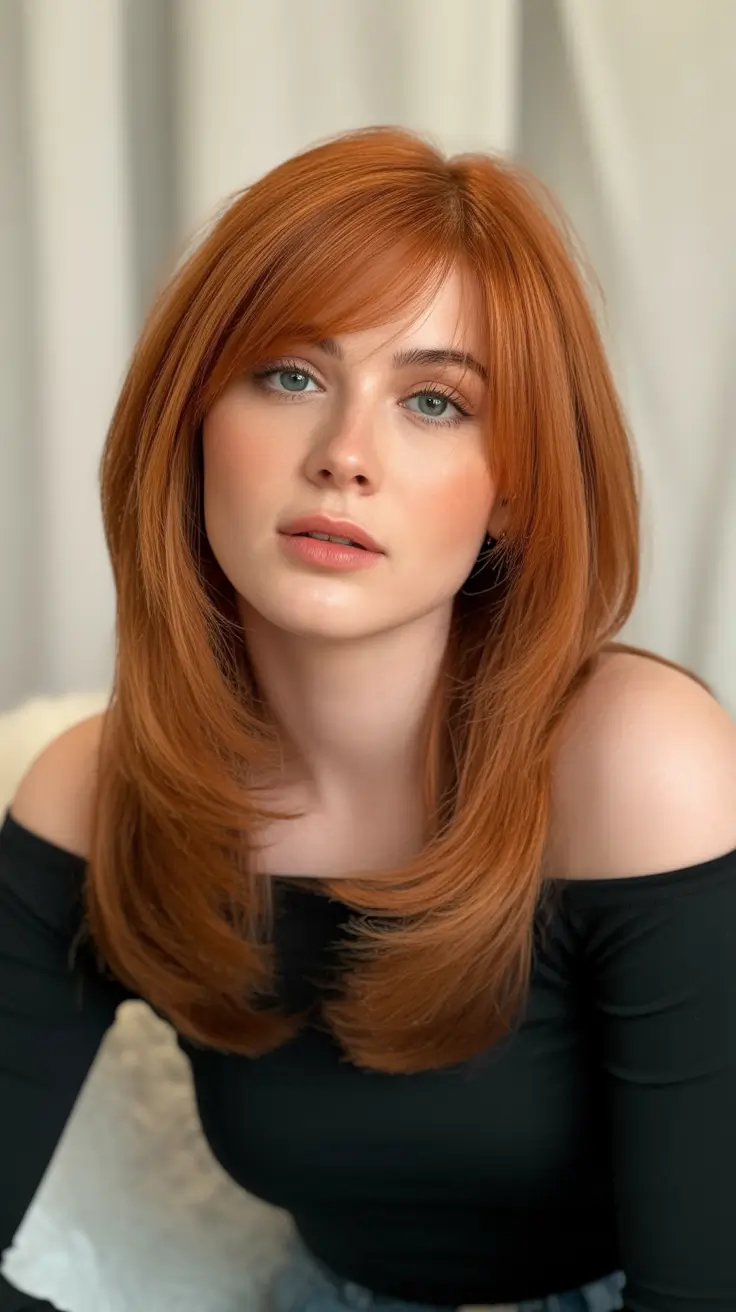 cute spring mom haircut ideas 2026 Layered Copper Mid Length With Wispy Bangs