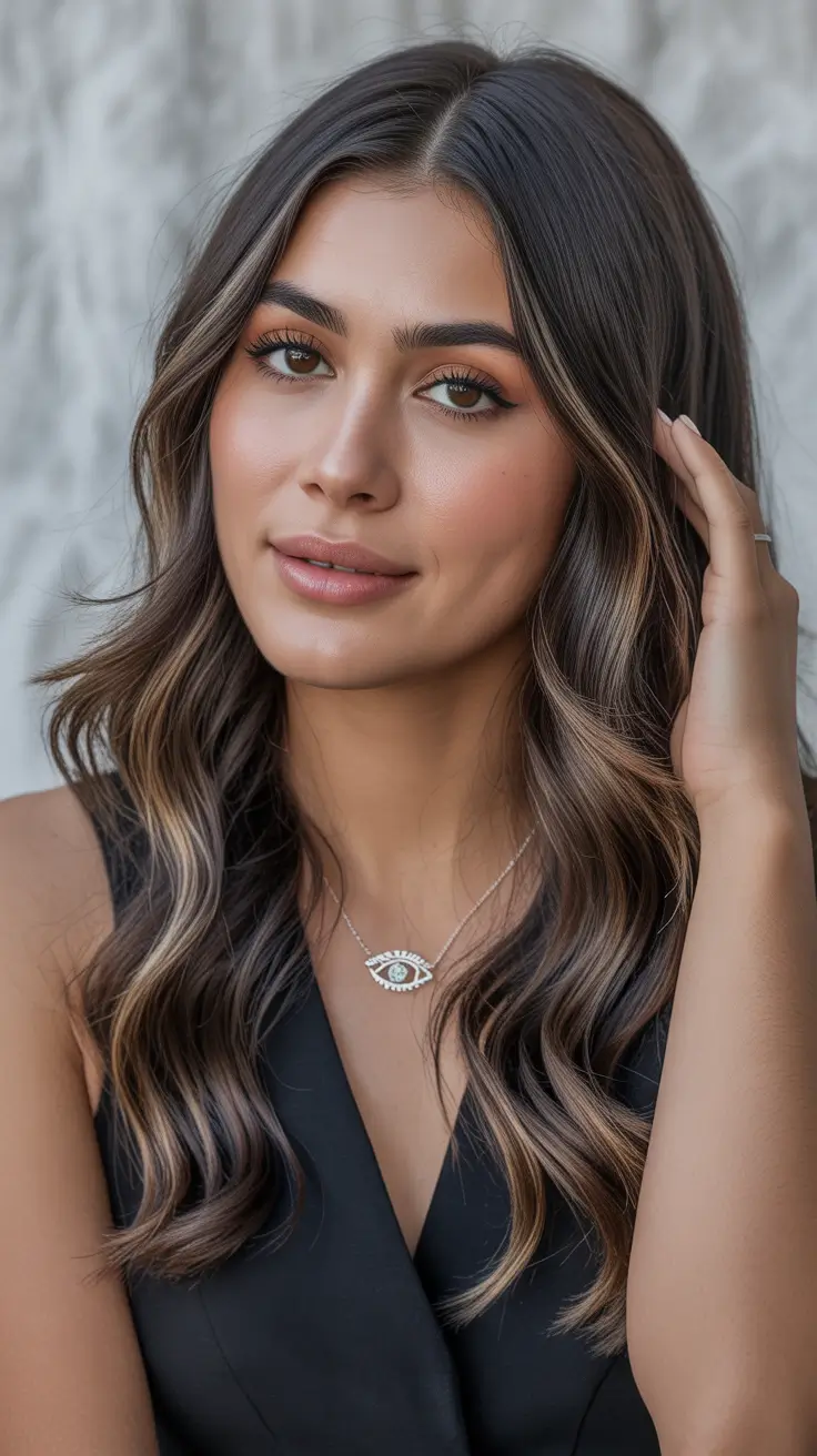 dark spring brunette hair color 2026 - Glistening Dark Brunette Waves with Soft Dimensional Ribbons