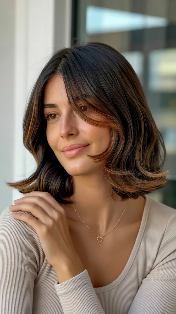 dark spring brunette hair color 2026 - Soft Brunette Bob with Playful Caramel Flip