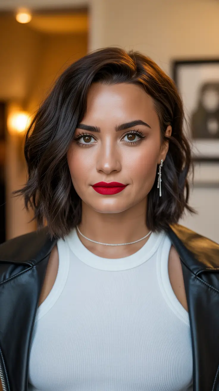 dark spring brunette hair color 2026 - Textured Wavy Lob with Dark Radiance