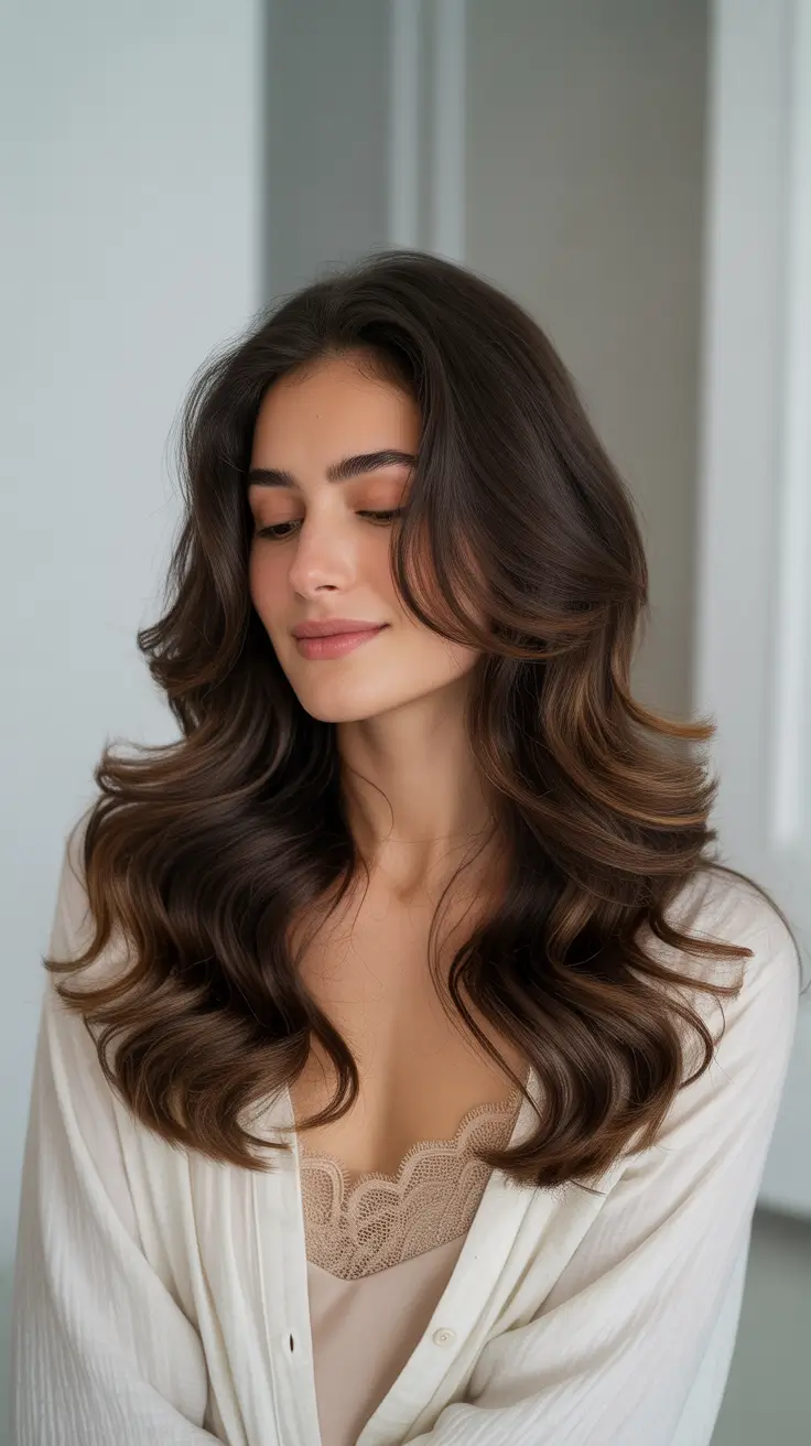 dark spring brunette hair color 2026 - Soft Caramel-Brunette Waves with Classic Spring Warmth