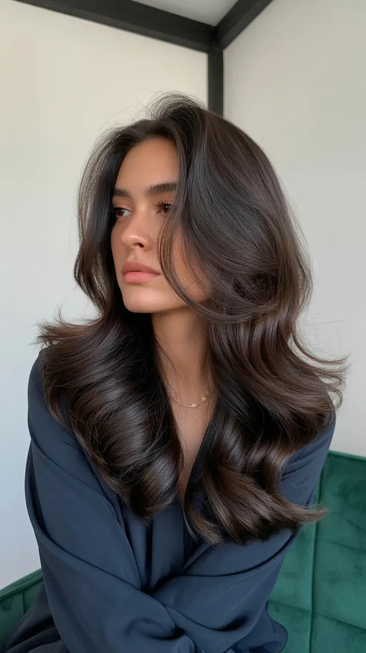 dark spring brunette hair color 2026 - Deep Brunette Volume with Luxurious Blowout Layers