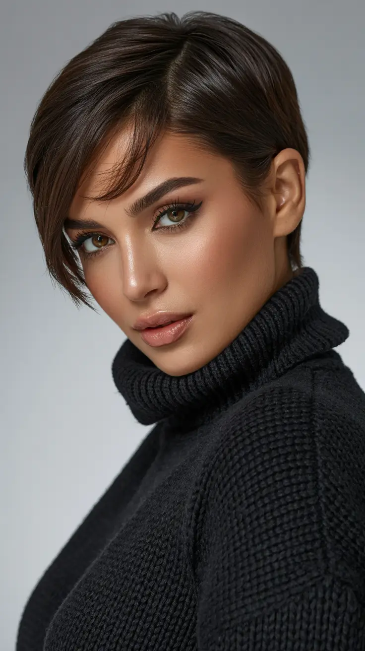 dark spring brunette hair color 2026 - Structured Brunette Pixie with Side-Swept Fringe