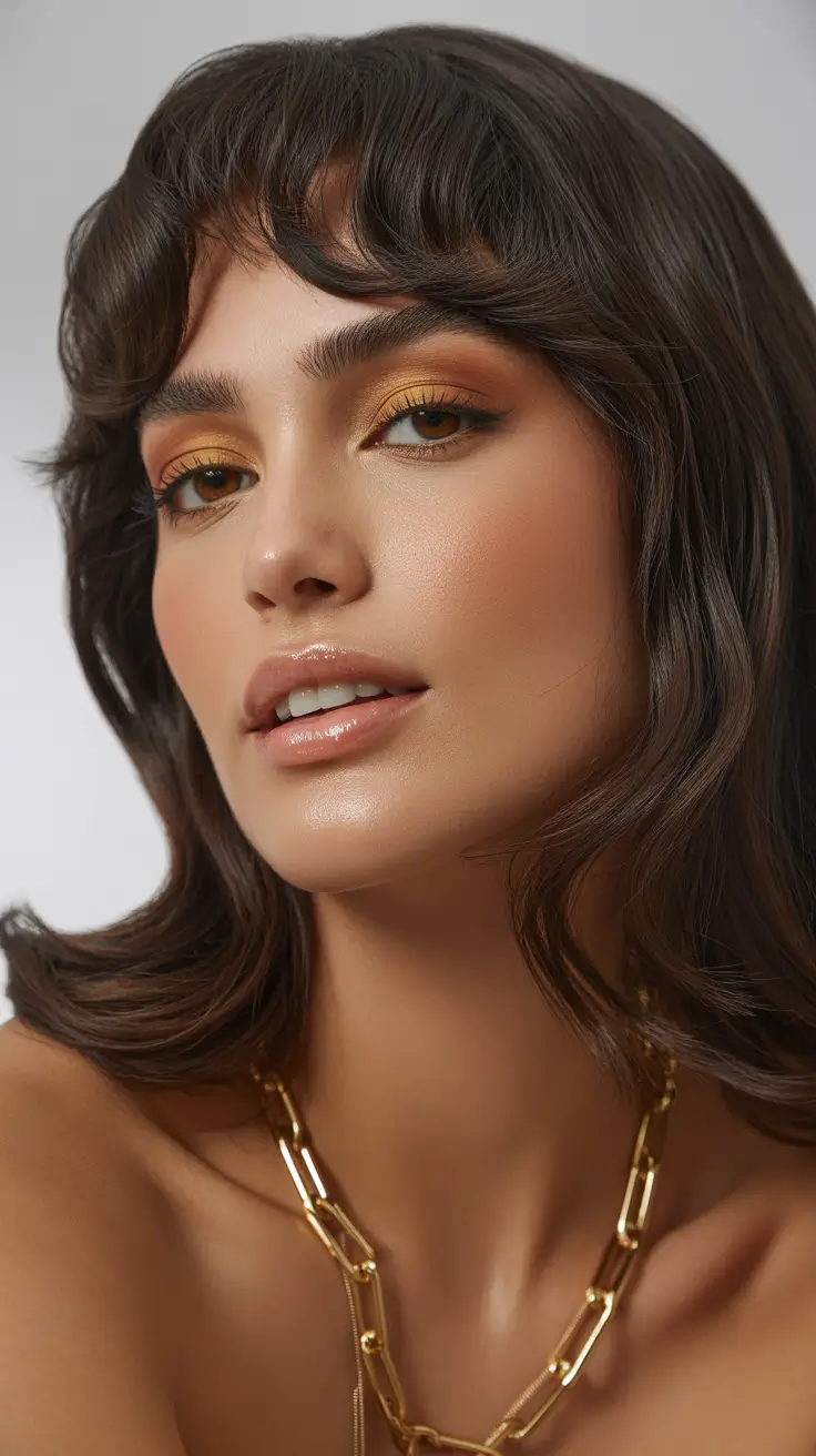 dark spring brunette hair color 2026 - Soft Brunette Shag with Rounded Bangs and Golden Accents