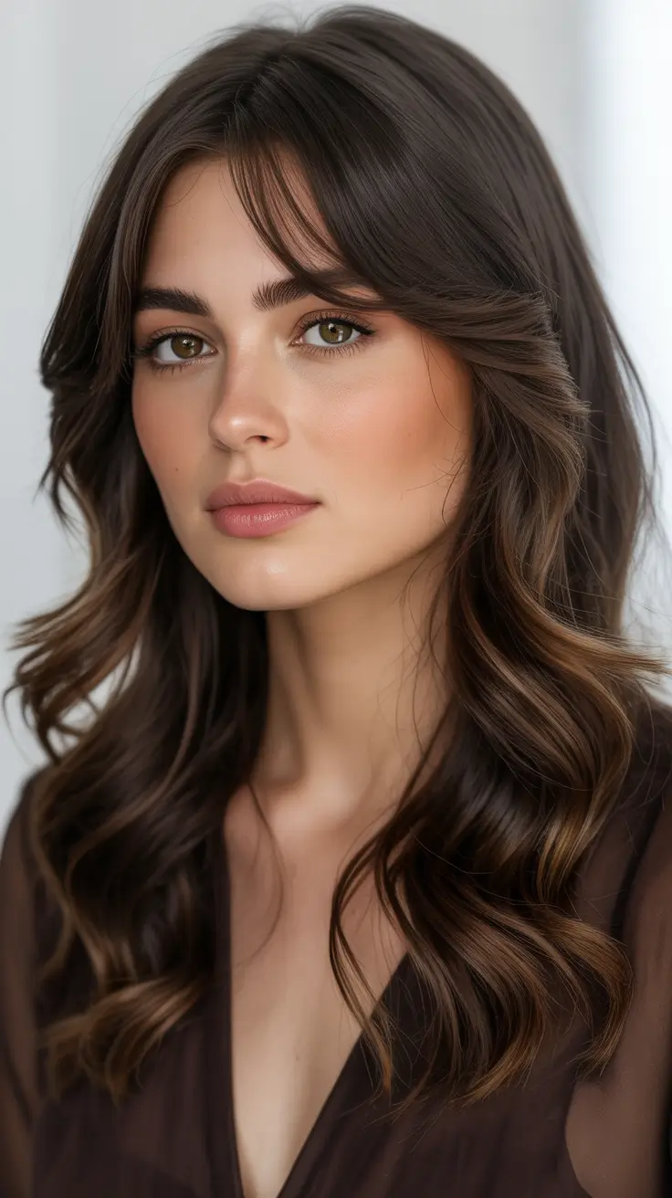 dark spring brunette hair color 2026 - Long Brunette Layers with Airy Curtain Fringe