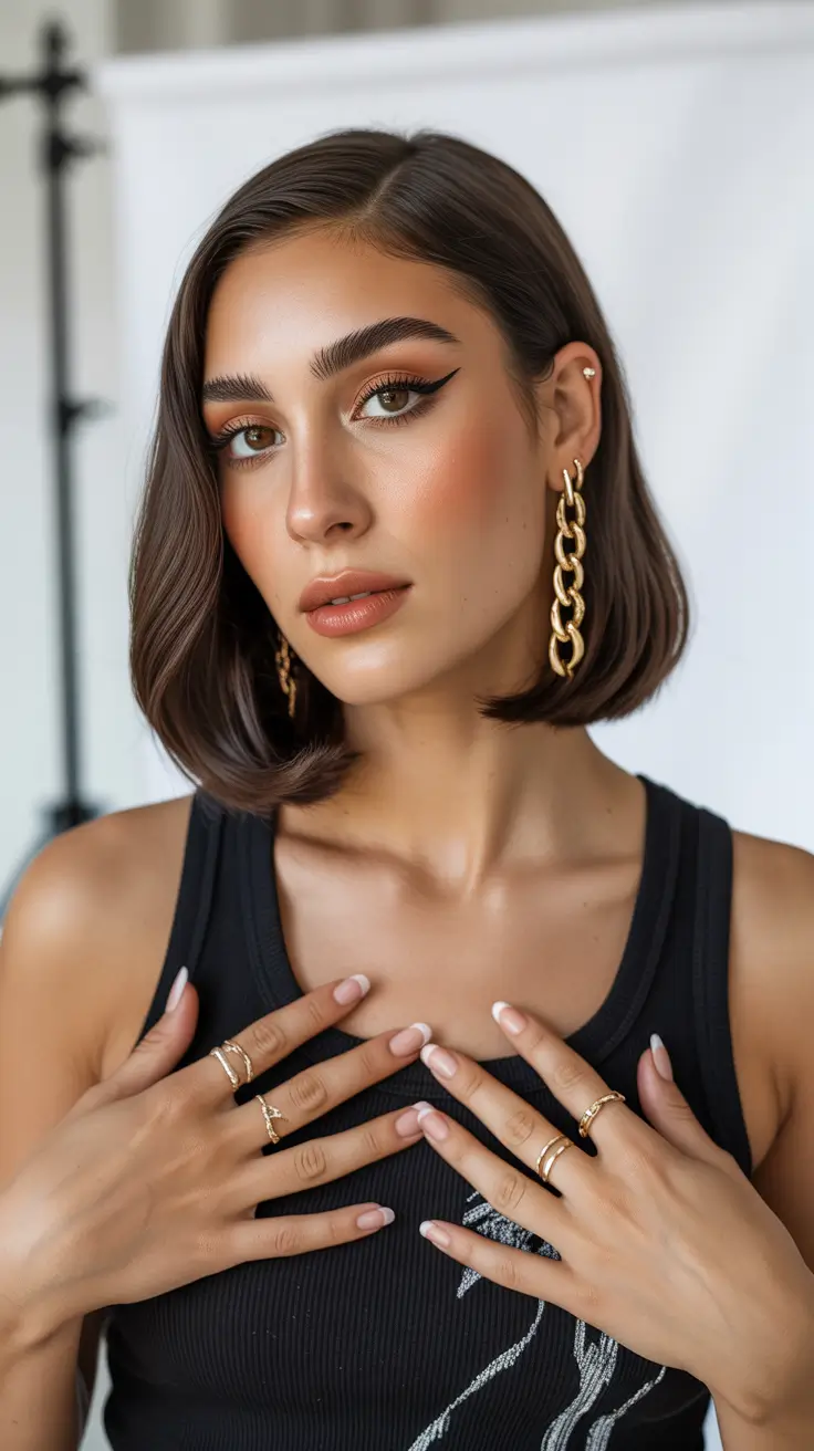 dark spring brunette hair color 2026 - Polished Espresso Bob with Tucked Ends