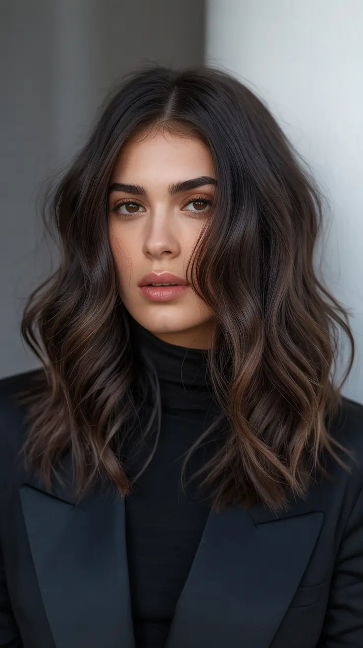 dark spring brunette hair color 2026 - Textured Brunette Lob with Soft Caramel Dimension