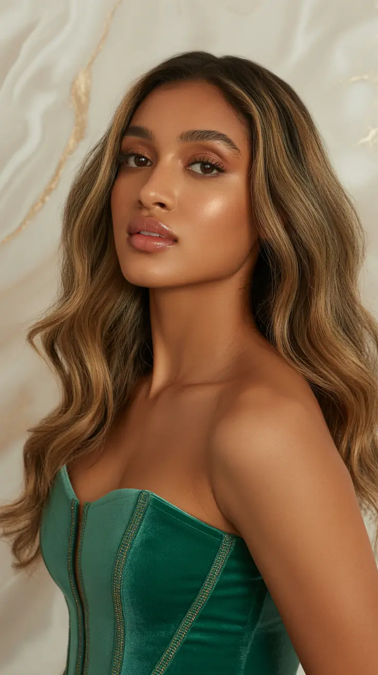 easy spring hair color for brown skin 2026 Golden Beige Balayage with Radiant Spring Warmth