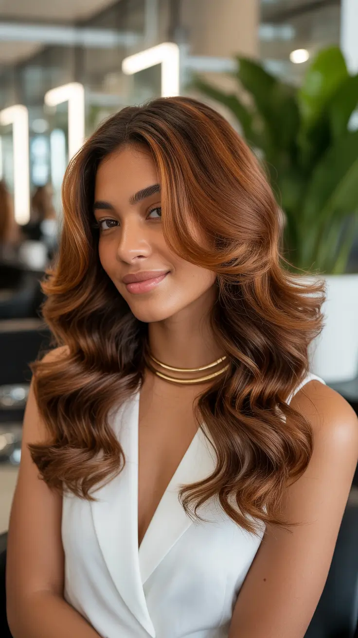 easy spring hair color for brown skin 2026 Warm Toffee Brunette Waves with Sunlit Dimension