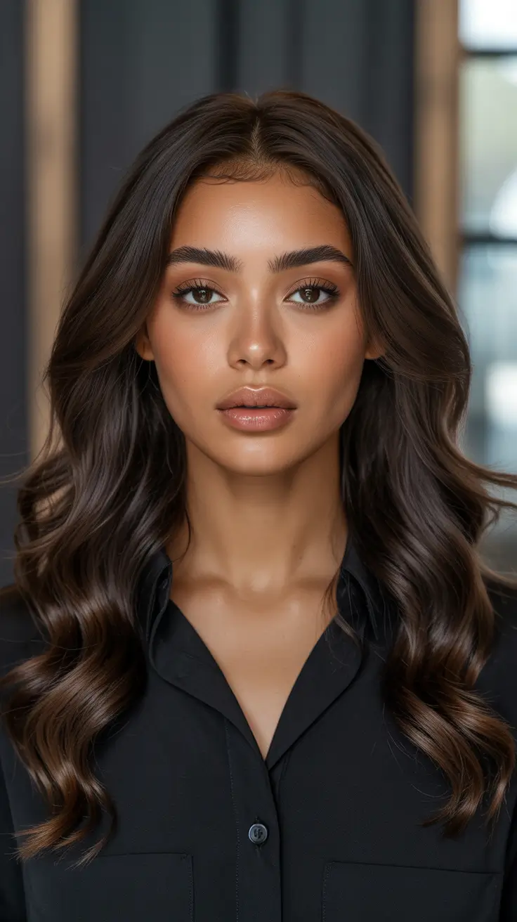 easy spring hair color for brown skin 2026 Deep Cocoa Gloss Brunette with Polished Flow