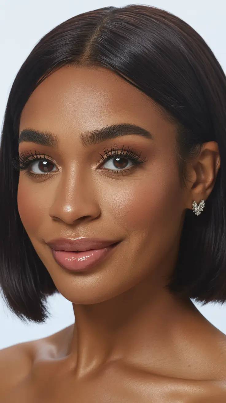 easy spring hair color for brown skin 2026 Classic Deep Brunette Bob with Mirror Shine