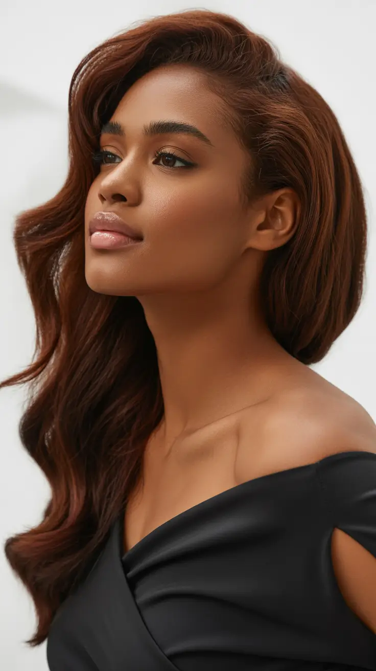 easy spring hair color for brown skin 2026 Warm Auburn Sweep with Radiant Spring Softness