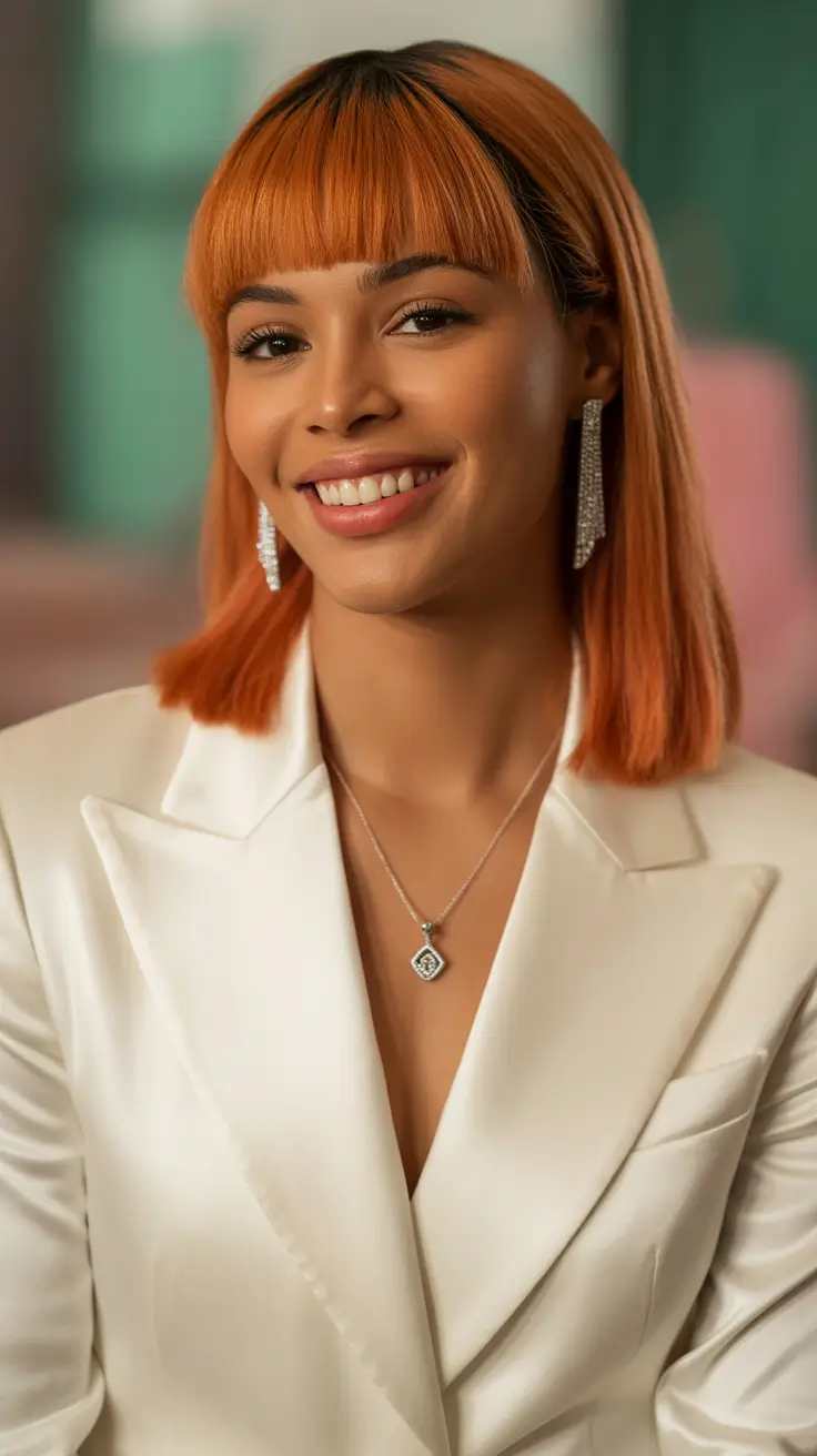 easy spring hair color for brown skin 2026 Spiced Copper Blunt Bob with Playful Brightness