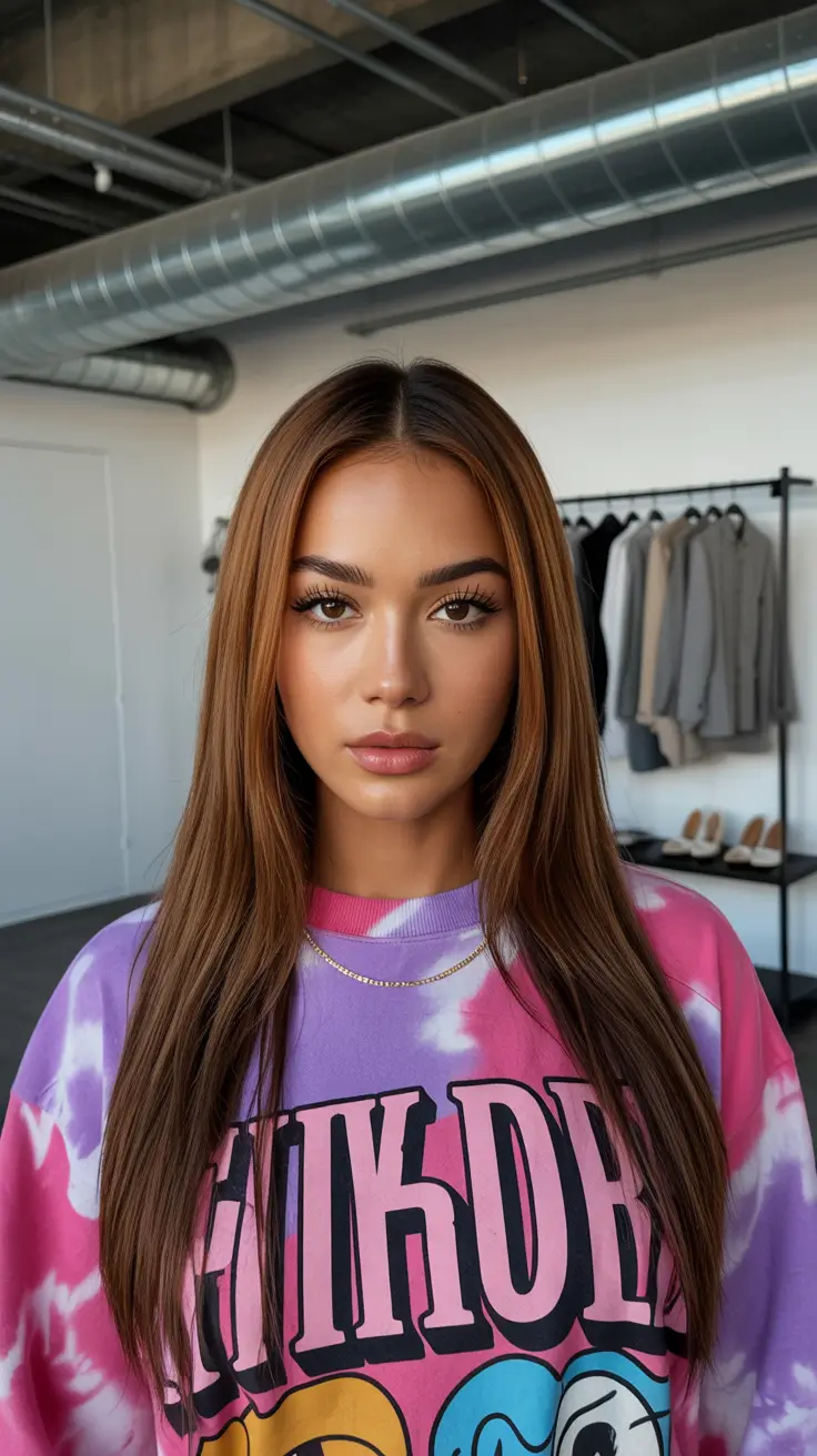 easy spring hair color for brown skin 2026 Warm Chestnut Straight Lengths with Subtle Lift