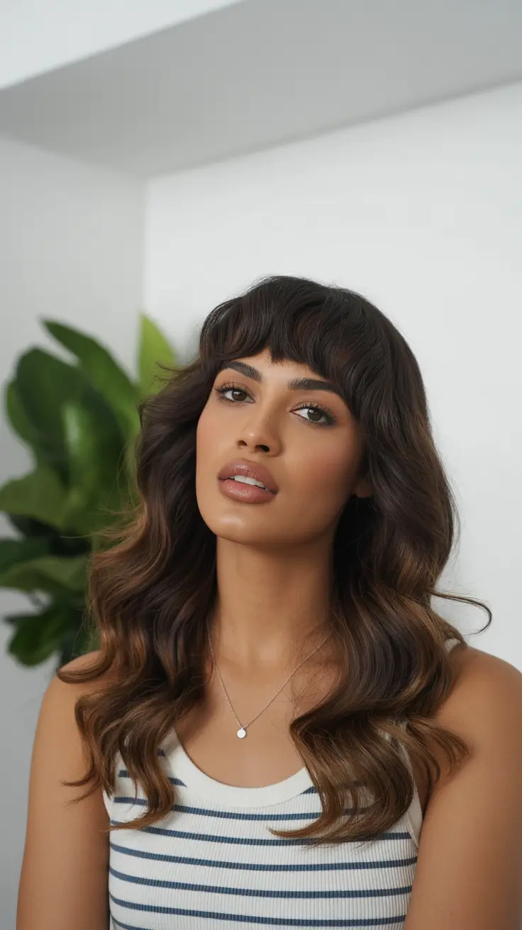 easy spring hair color for brown skin 2026 Soft Brunette with Airy Fringe and Natural Movement