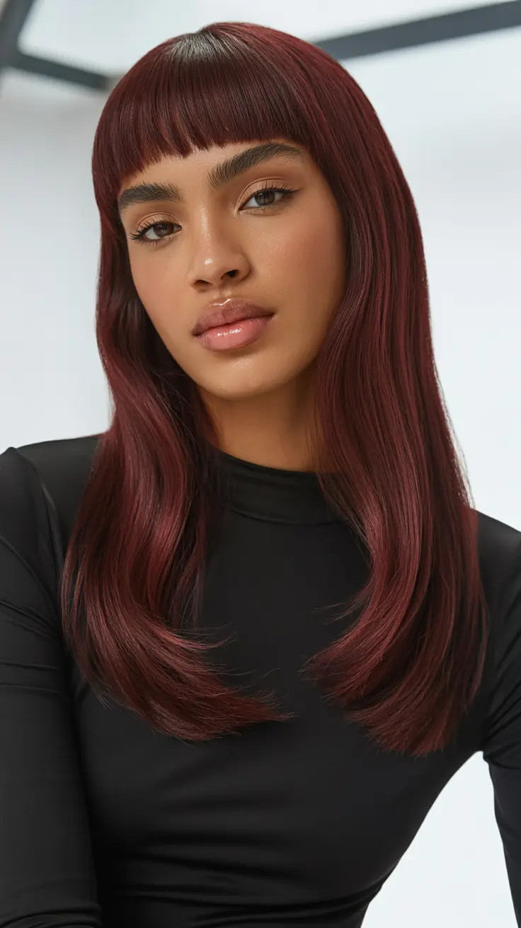 easy spring hair color for brown skin 2026 Rich Burgundy Glass Hair with Sleek Precision