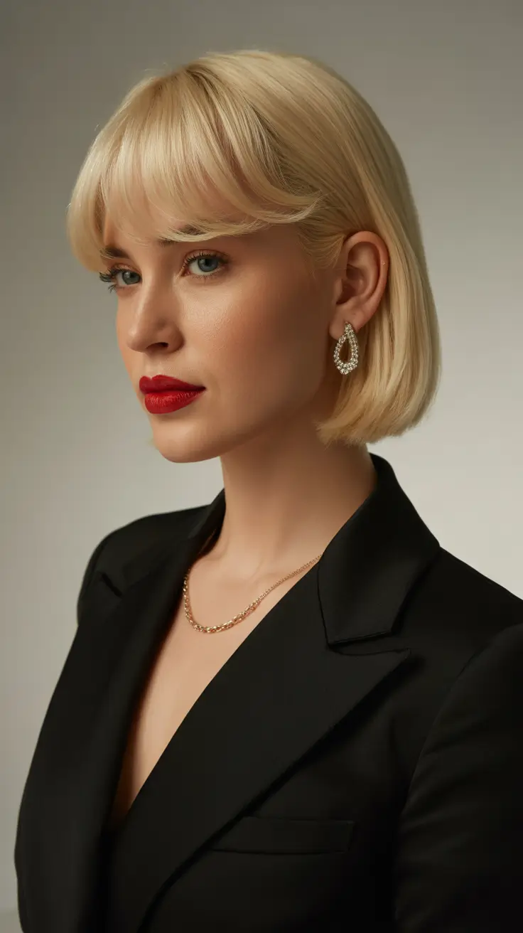 elegant spring bob haircut 2026 Golden Cream Blonde Bob With Soft Full Fringe