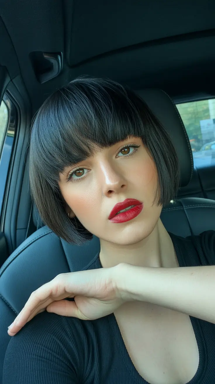 elegant spring bob haircut 2026 Classic Brunette Micro Bob With Full Fringe