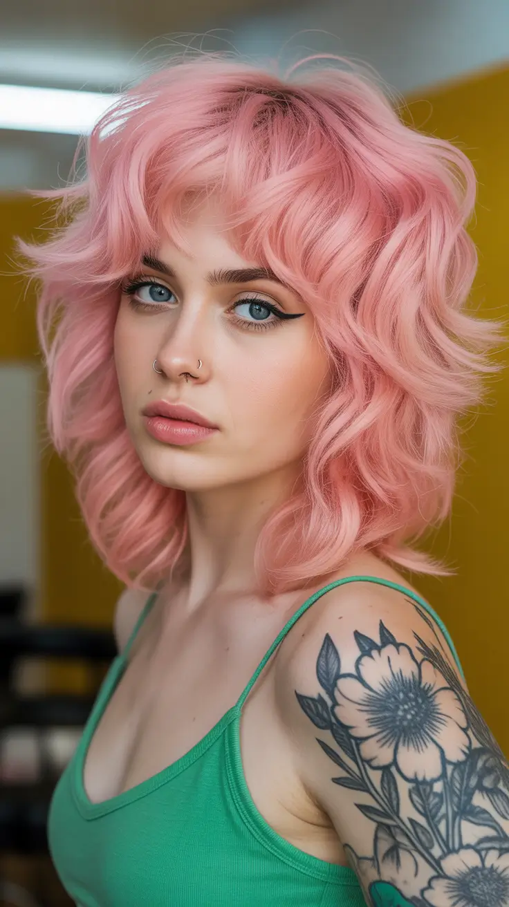 elegant spring shag haircut for 2026 Pastel Pink Shag With Soft Waves
