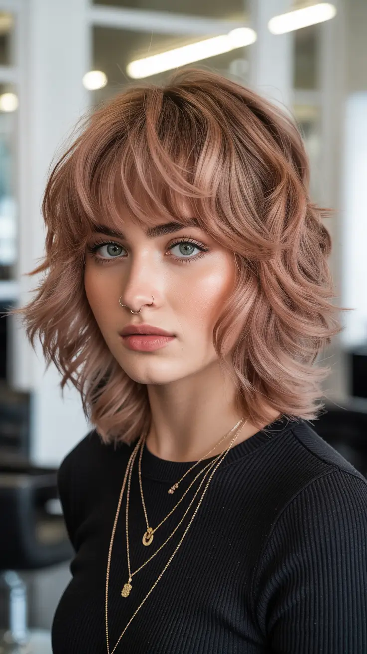 elegant spring shag haircut for 2026 Warm Brunette Shag With Long Fringe