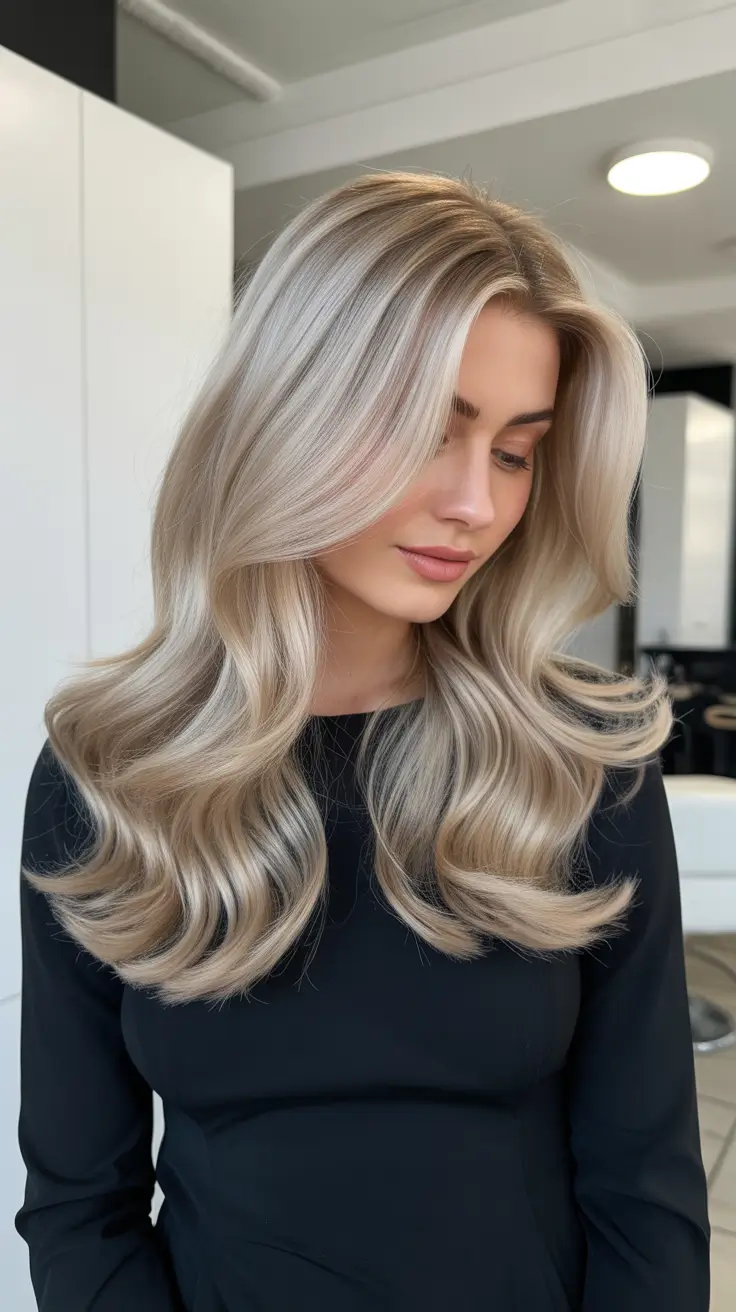 spring blonde hair color 2026 Pearl Blonde Waves with Gentle Contouring