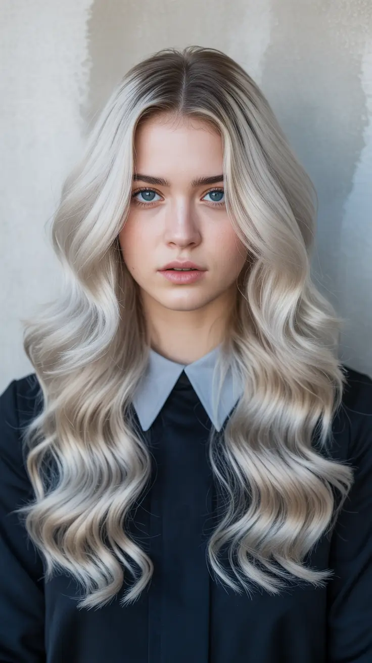 spring blonde hair color 2026 Frosted Platinum Waves with Cool Radiance