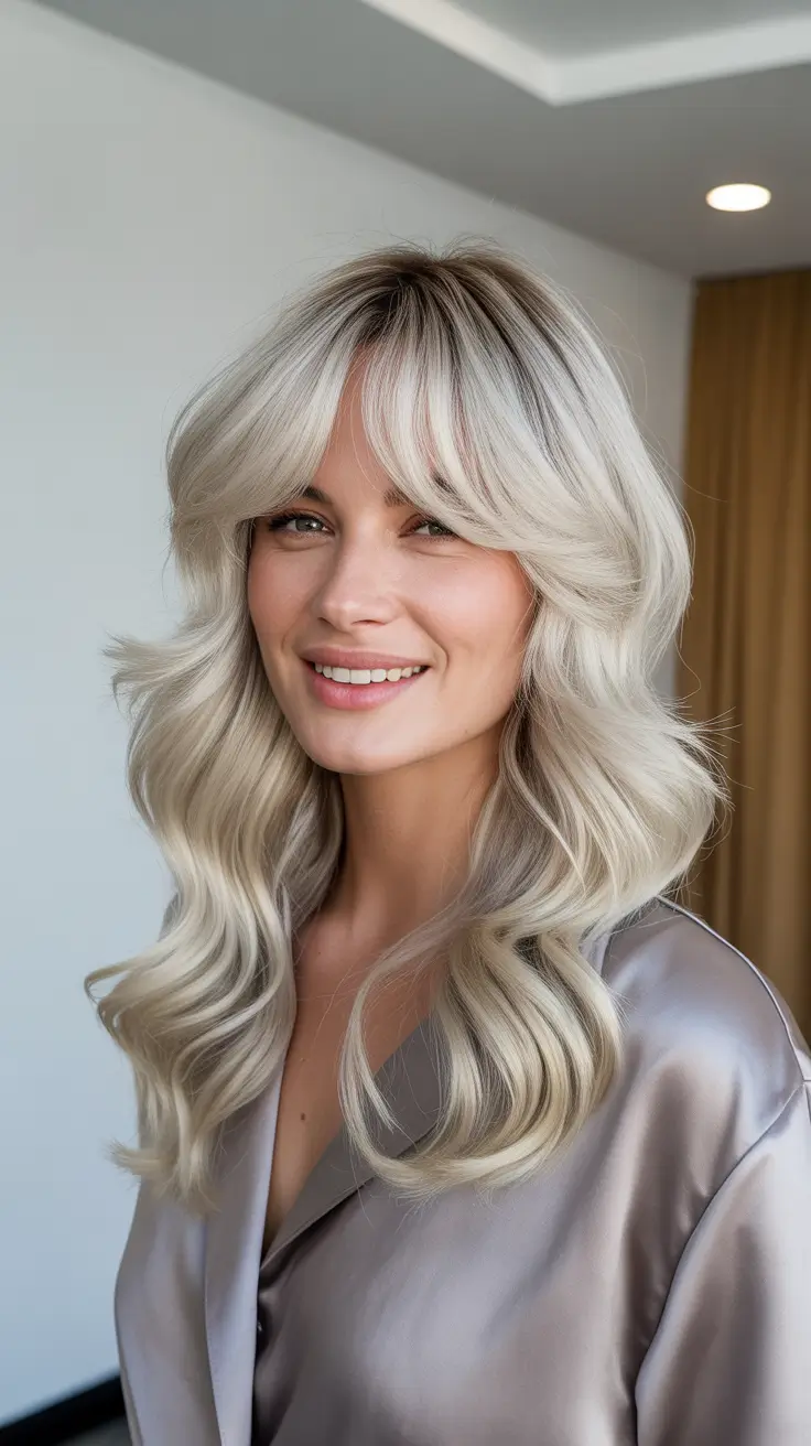 spring blonde hair color 2026 Cream-Silver Blonde Waves with Soft Fringe