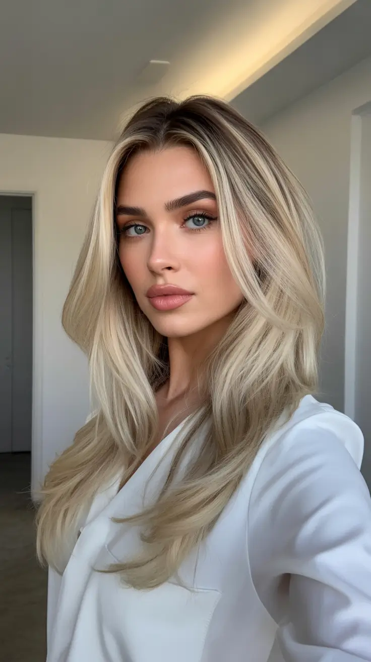 spring blonde hair color 2026 Rooted Cream Blonde with Luxurious Layers