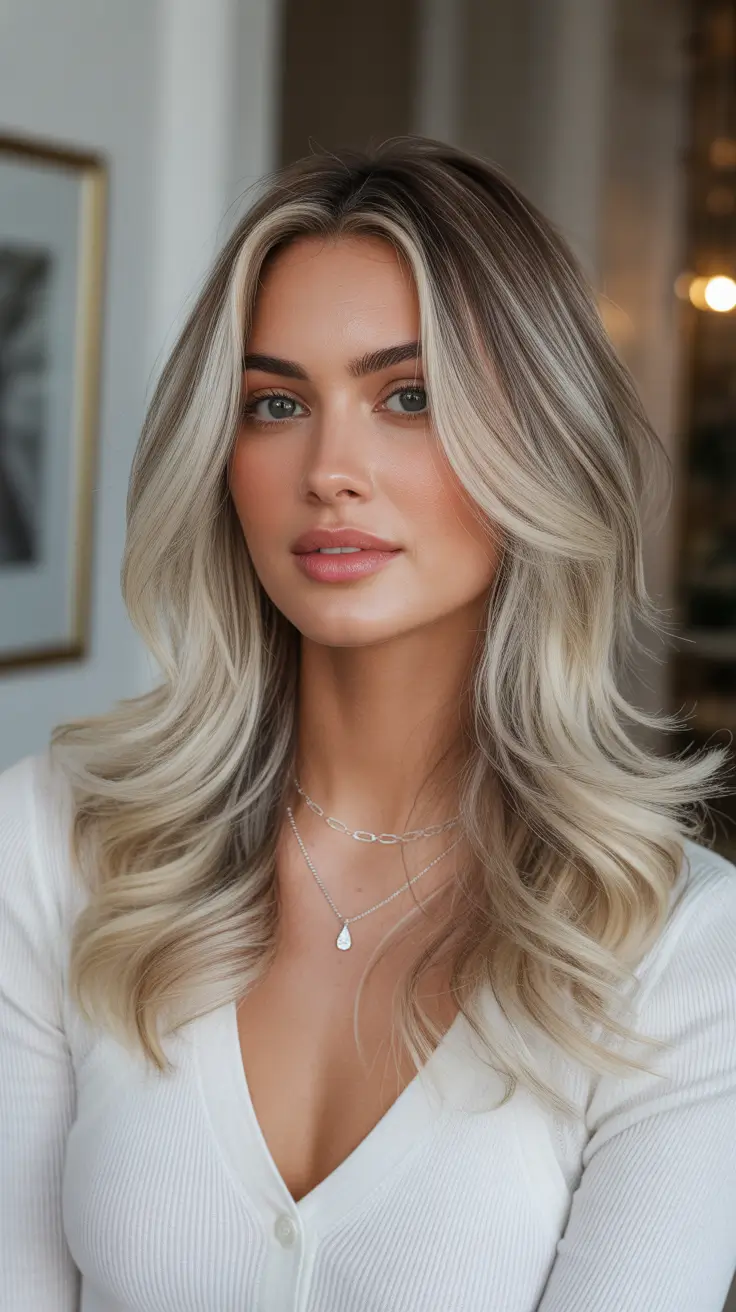 spring blonde hair color 2026 Rooted Mushroom Blonde with Soft Waves