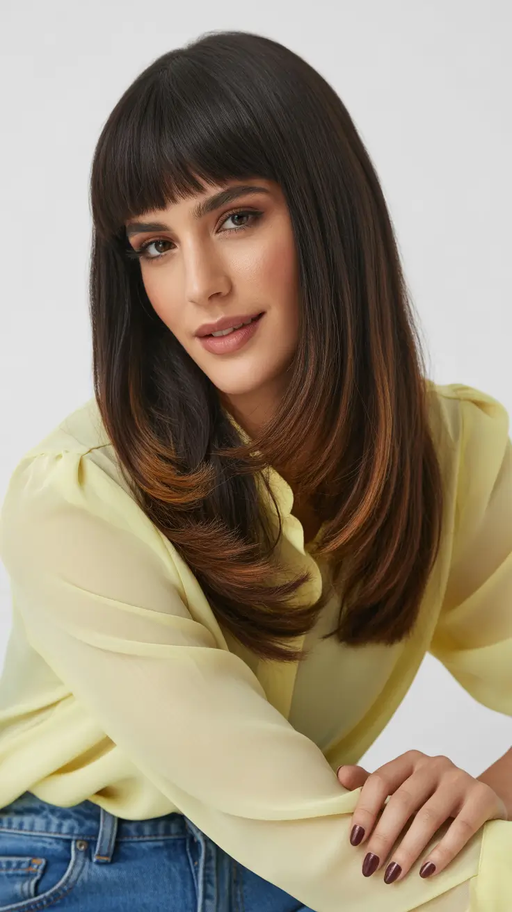new spring long haircut ideas 2026 Sleek Length With Soft Bangs and Subtle Warmth
