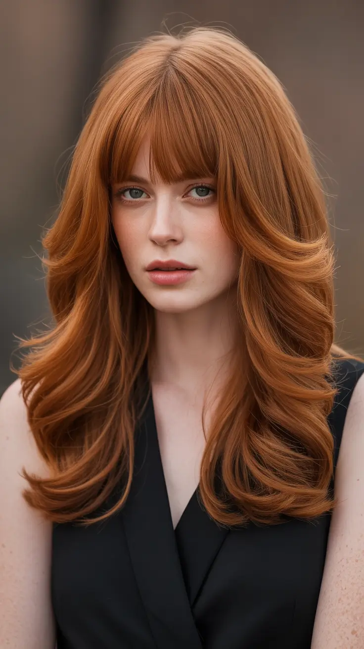 new spring mid length haircut 2026 Mid Length Red With Layers and Wispy Bangs
