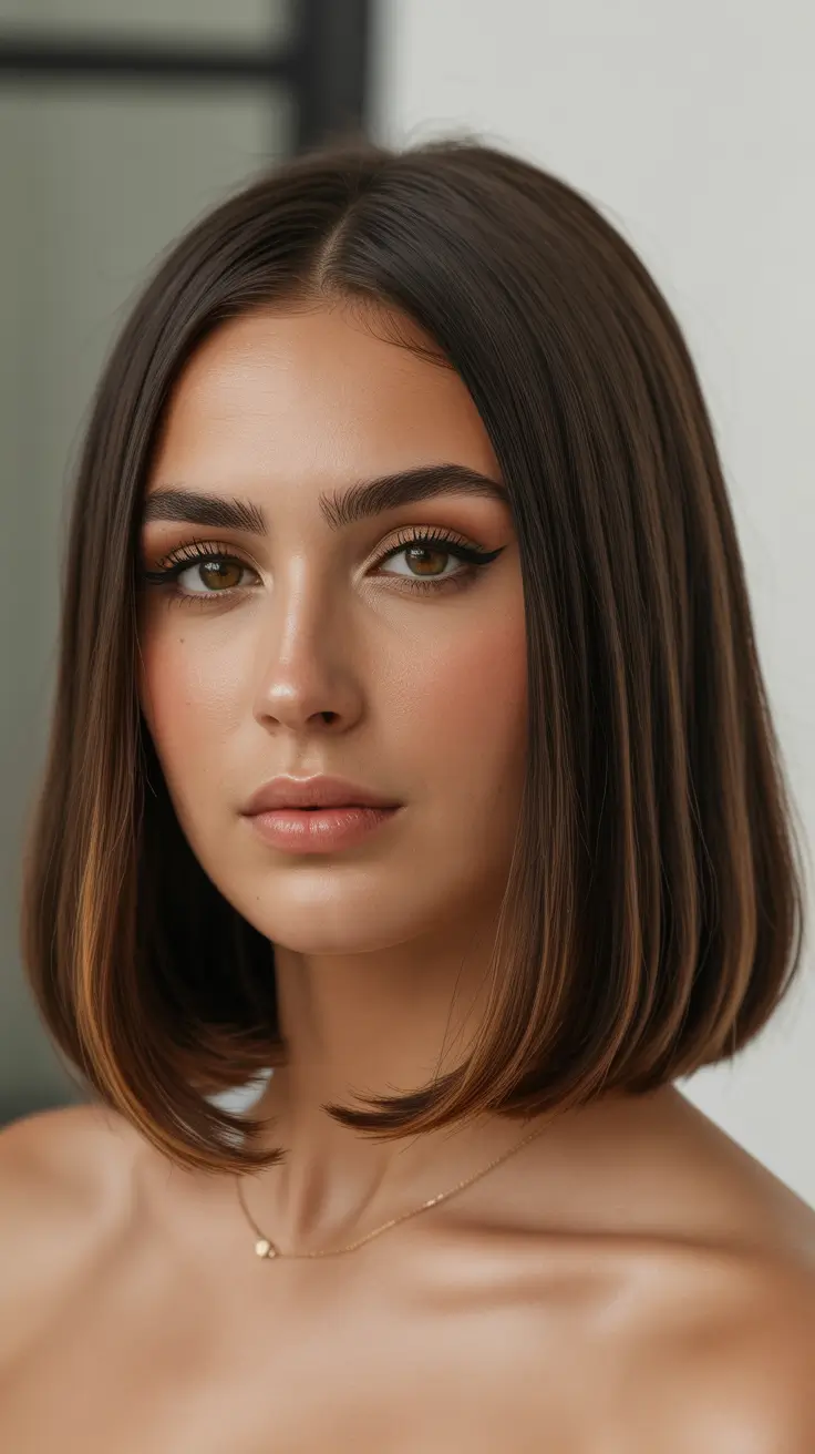new spring short hairstyles 2026 Sleek Center Part Midi Bob