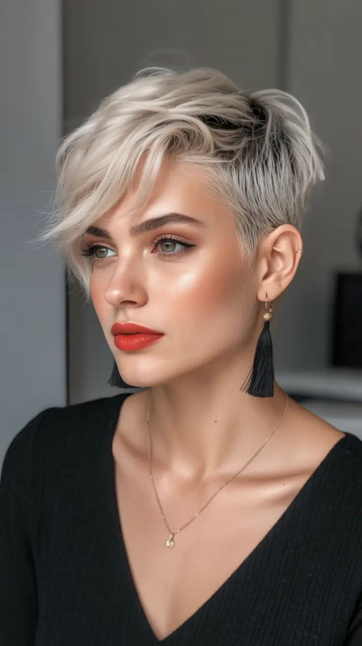 new spring short hairstyles 2026 Platinum Undercut Pixie with Swept Volume