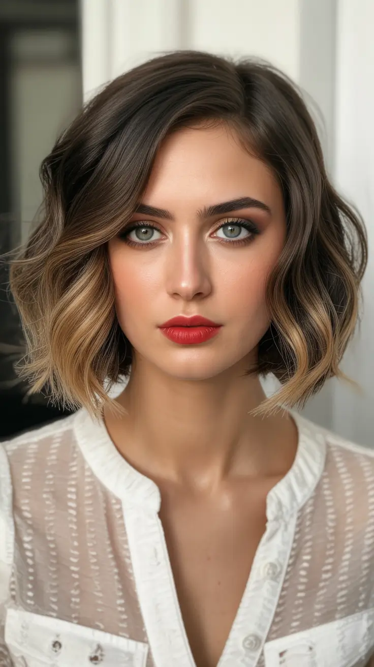 new spring short hairstyles 2026 Soft Wavy French Bob with Dimensional Balayage