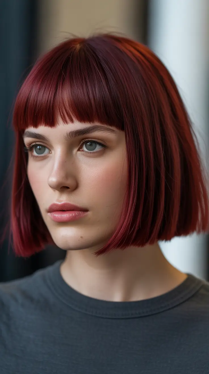 new spring short hairstyles 2026 Graphic Glass Bob in Cherry Espresso