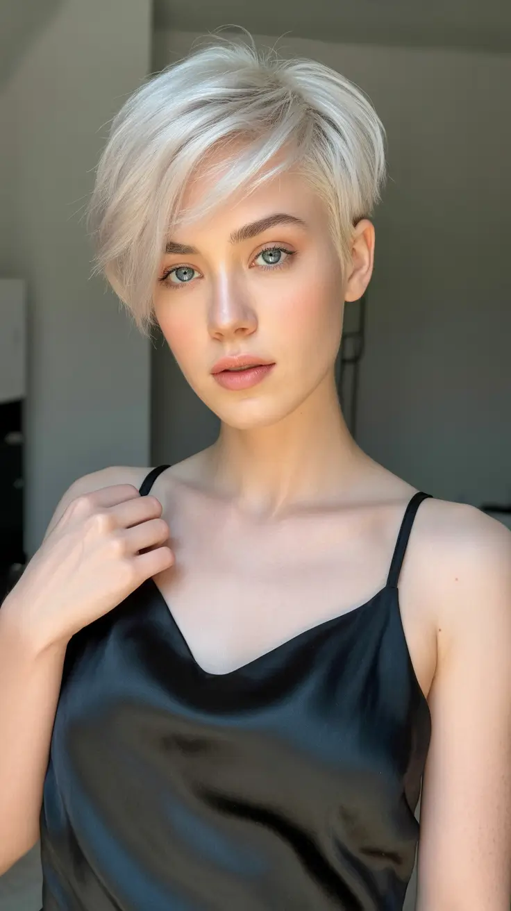 new spring short hairstyles 2026 Feathered Platinum Pixie with Long Crown