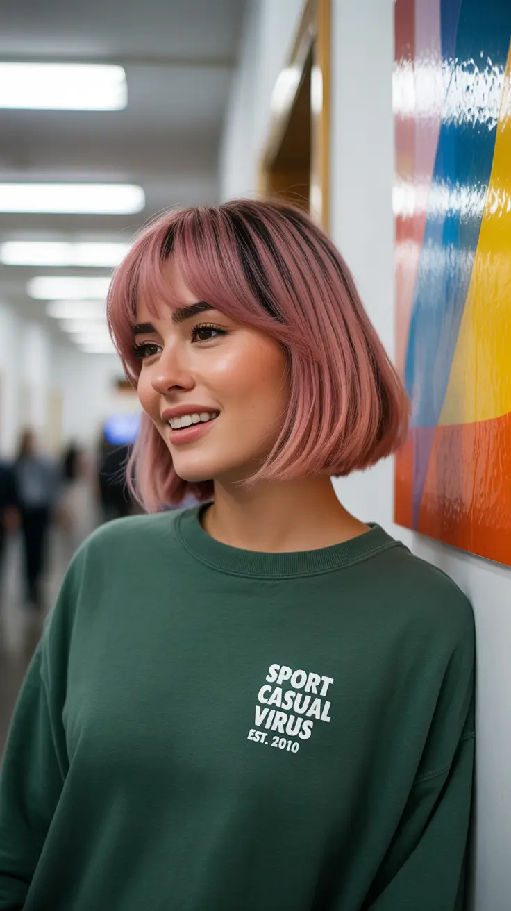 new spring short hairstyles 2026 Blush Pink Soft Bob with Wispy Fringe