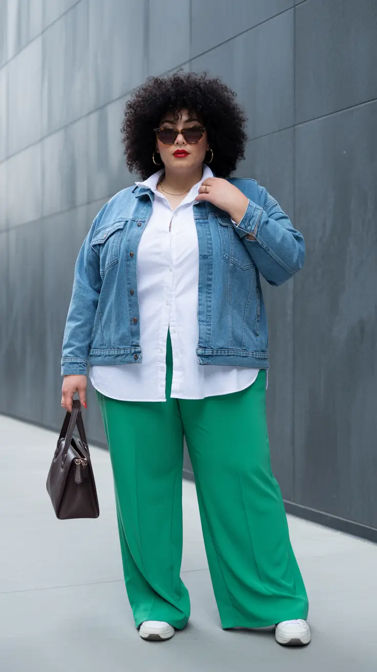 popular plus size spring outfits 2026 Denim Layers and Vivid Green for Fresh Spring Street Style