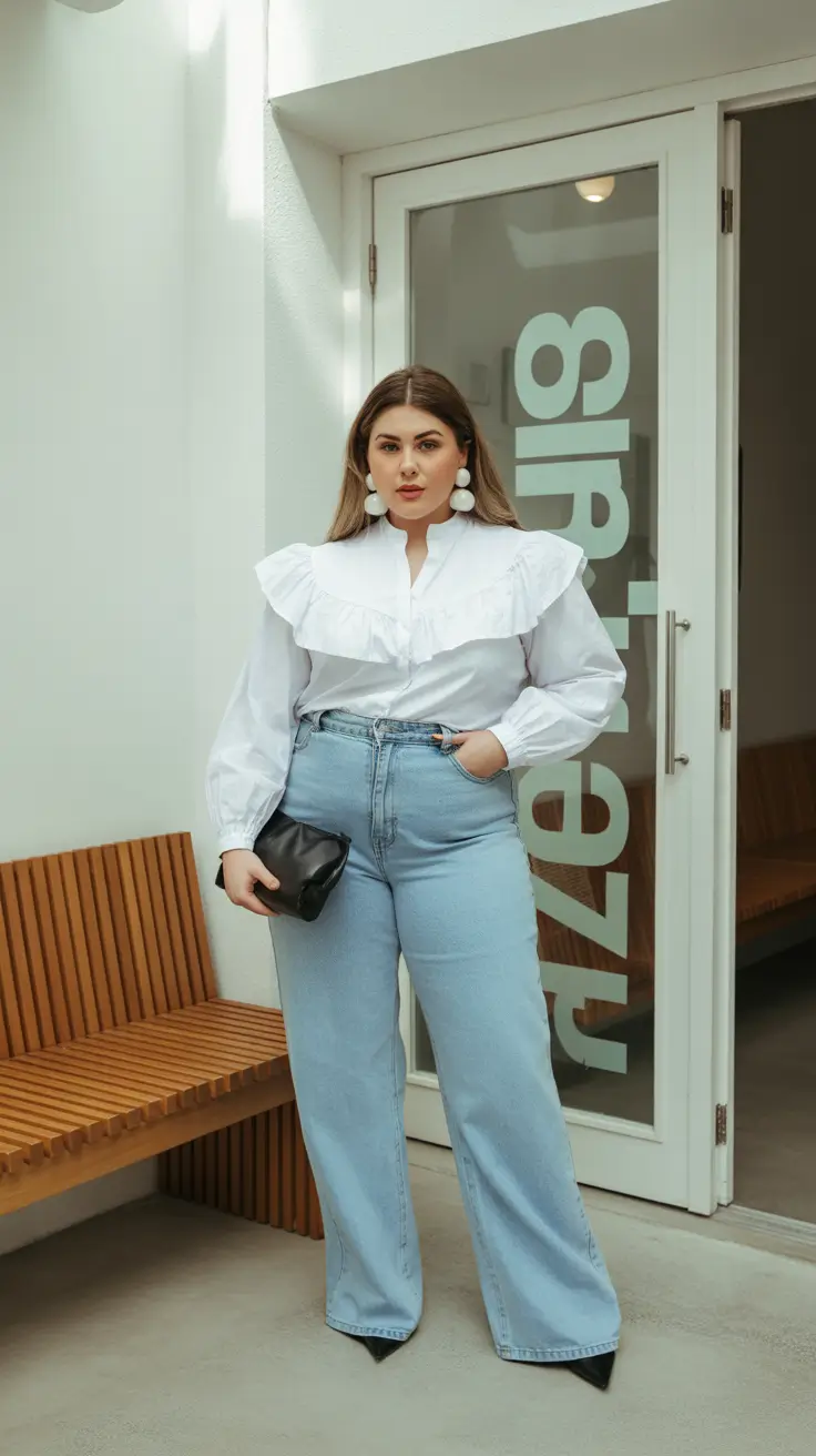 popular plus size spring outfits 2026 Crisp White Ruffles and Classic Denim Ease