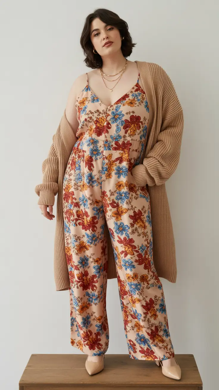 popular plus size spring outfits 2026 Boho Florals With Cozy Layering