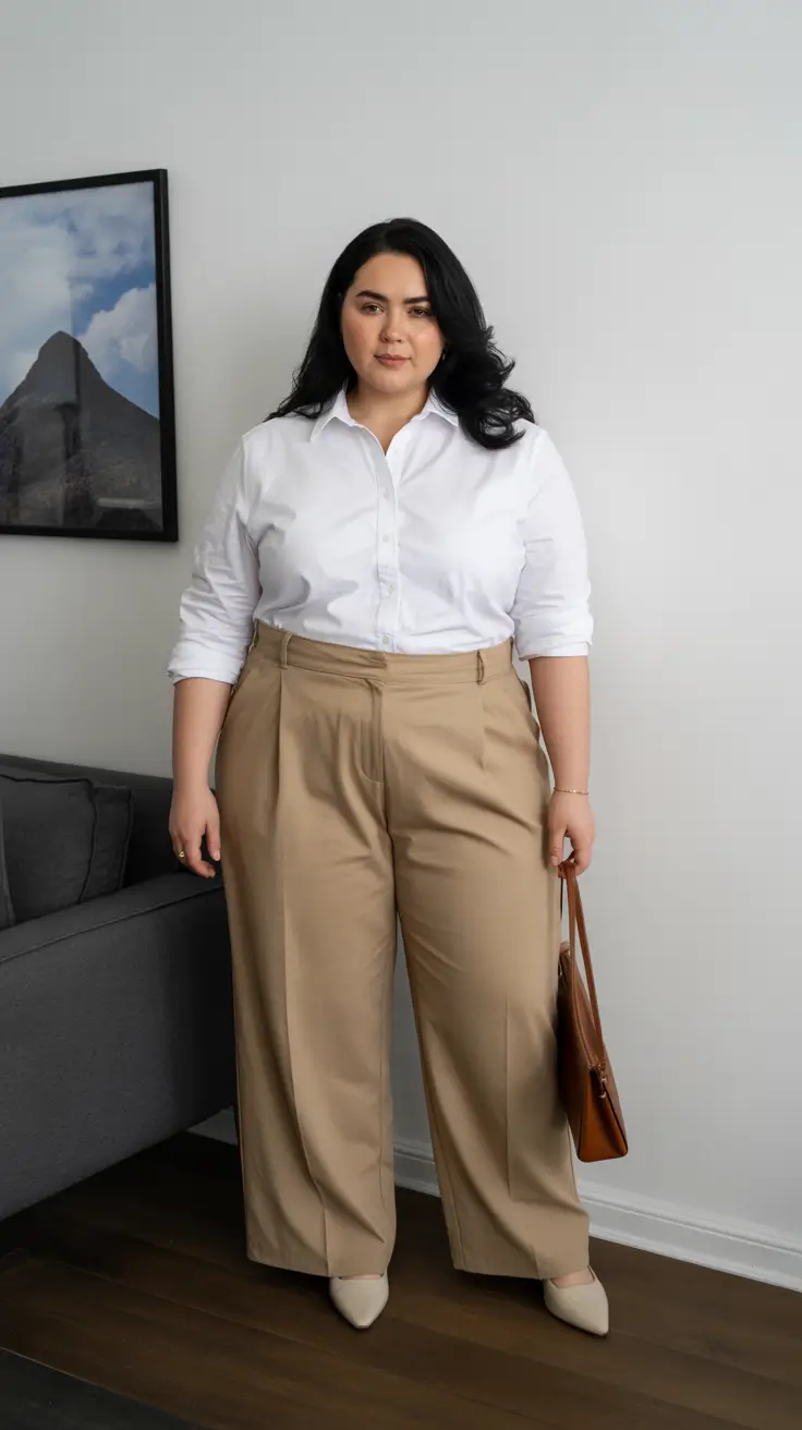 popular plus size spring outfits 2026 Sharp White Shirt and Tailored Trousers for Classic Spring Polish