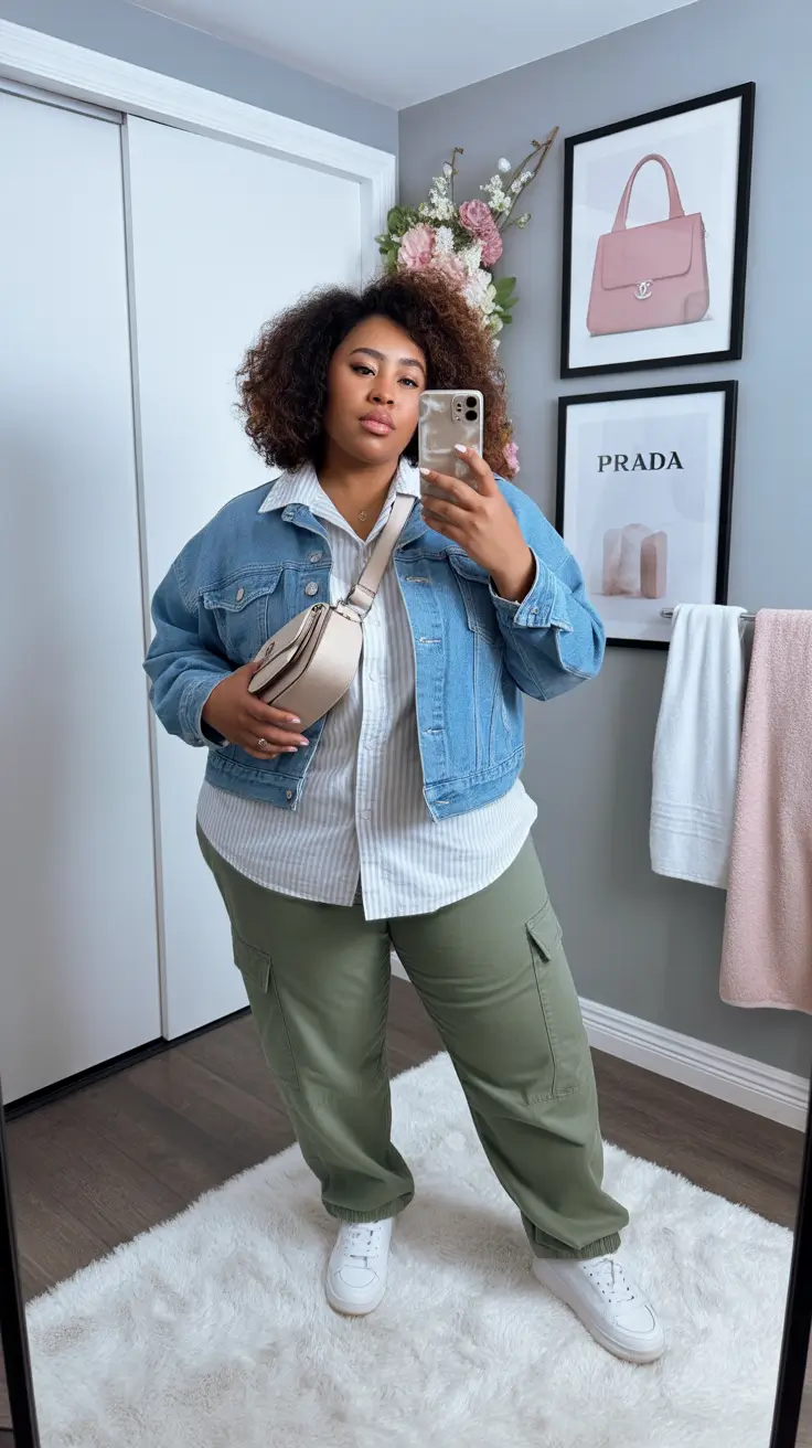 popular plus size spring outfits 2026 Denim Layers and Soft Utility Greens