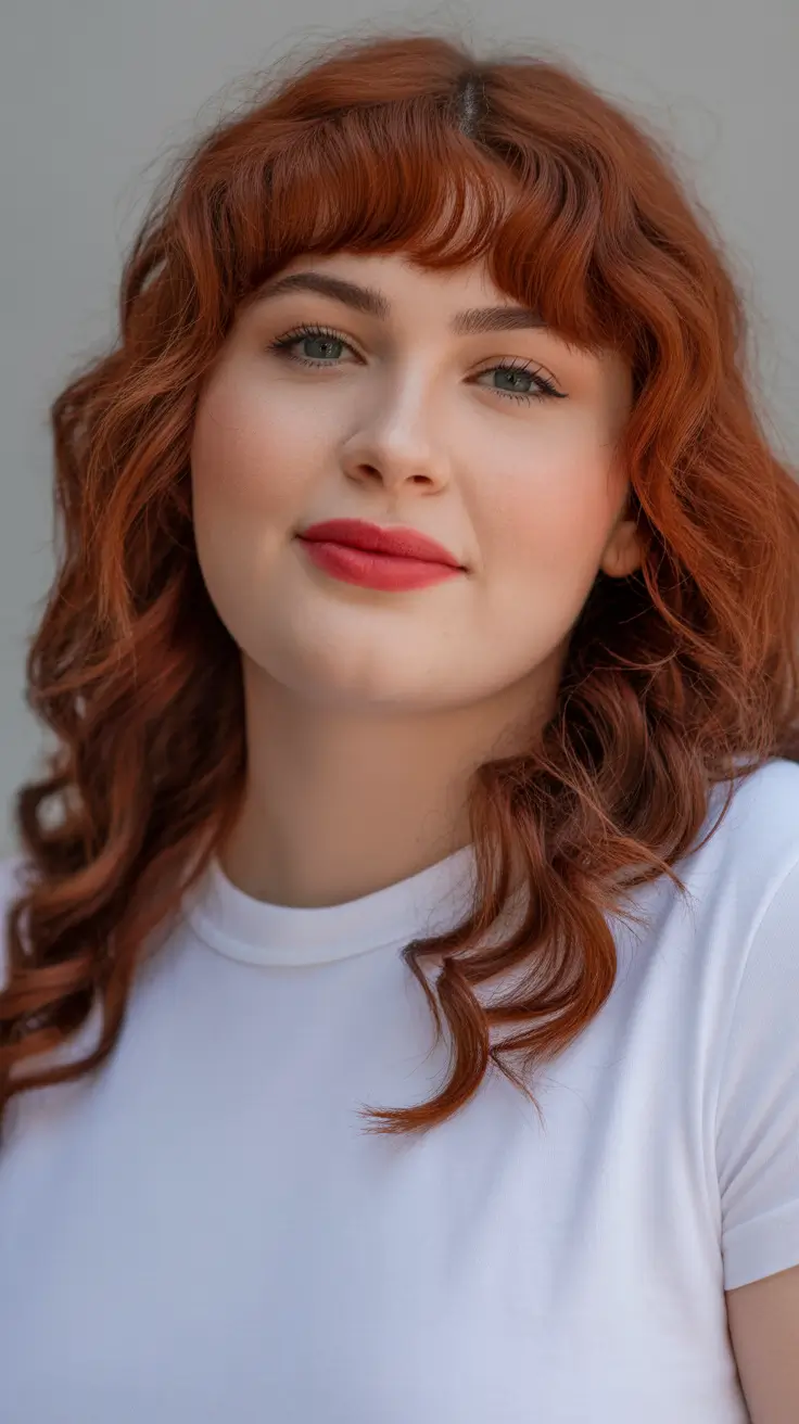 popular spring haircuts for chubby faces 2026 - Soft Curly Fringe With Copper Warmth