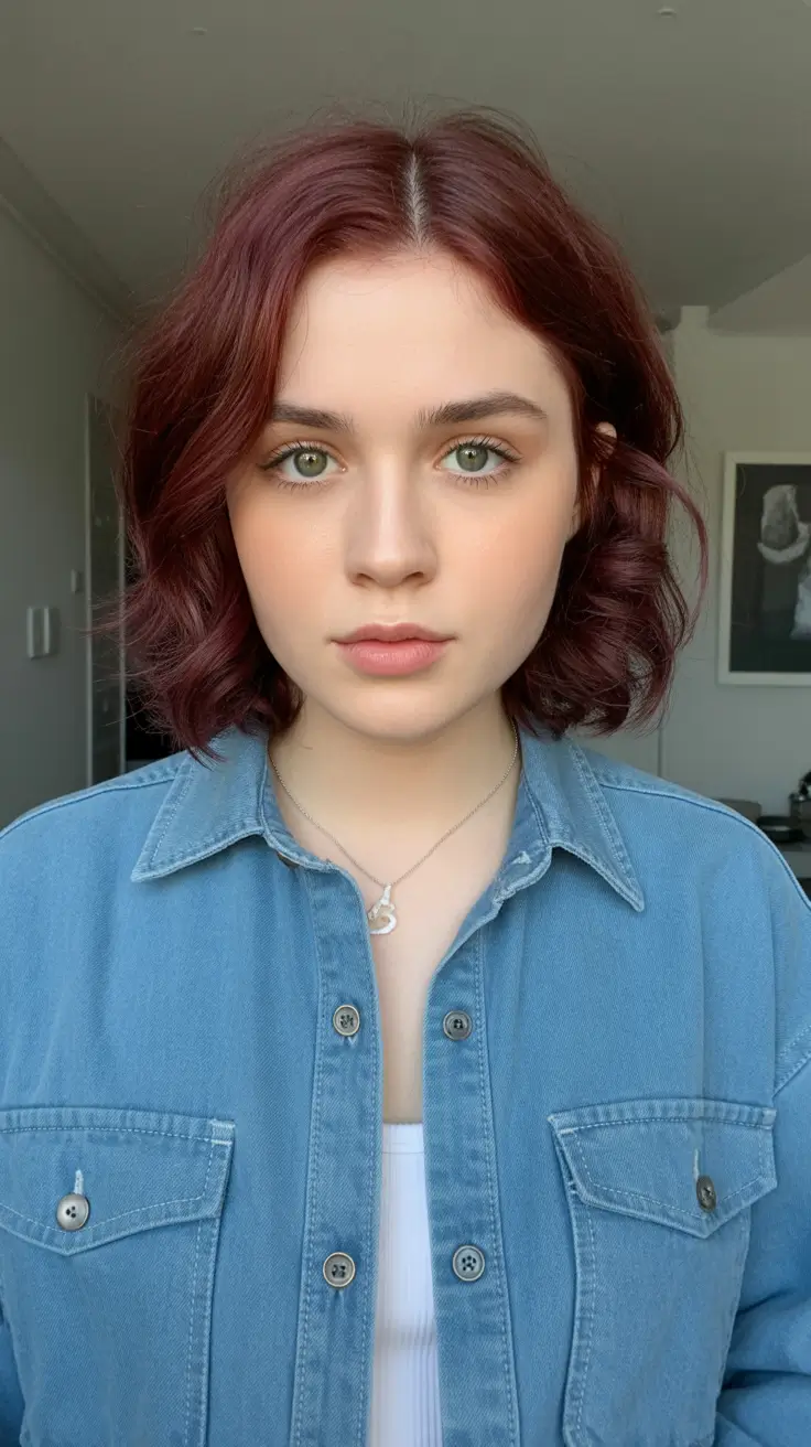 popular spring haircuts for chubby faces 2026 - Soft Tousled Bob With Deep Ruby Warmth