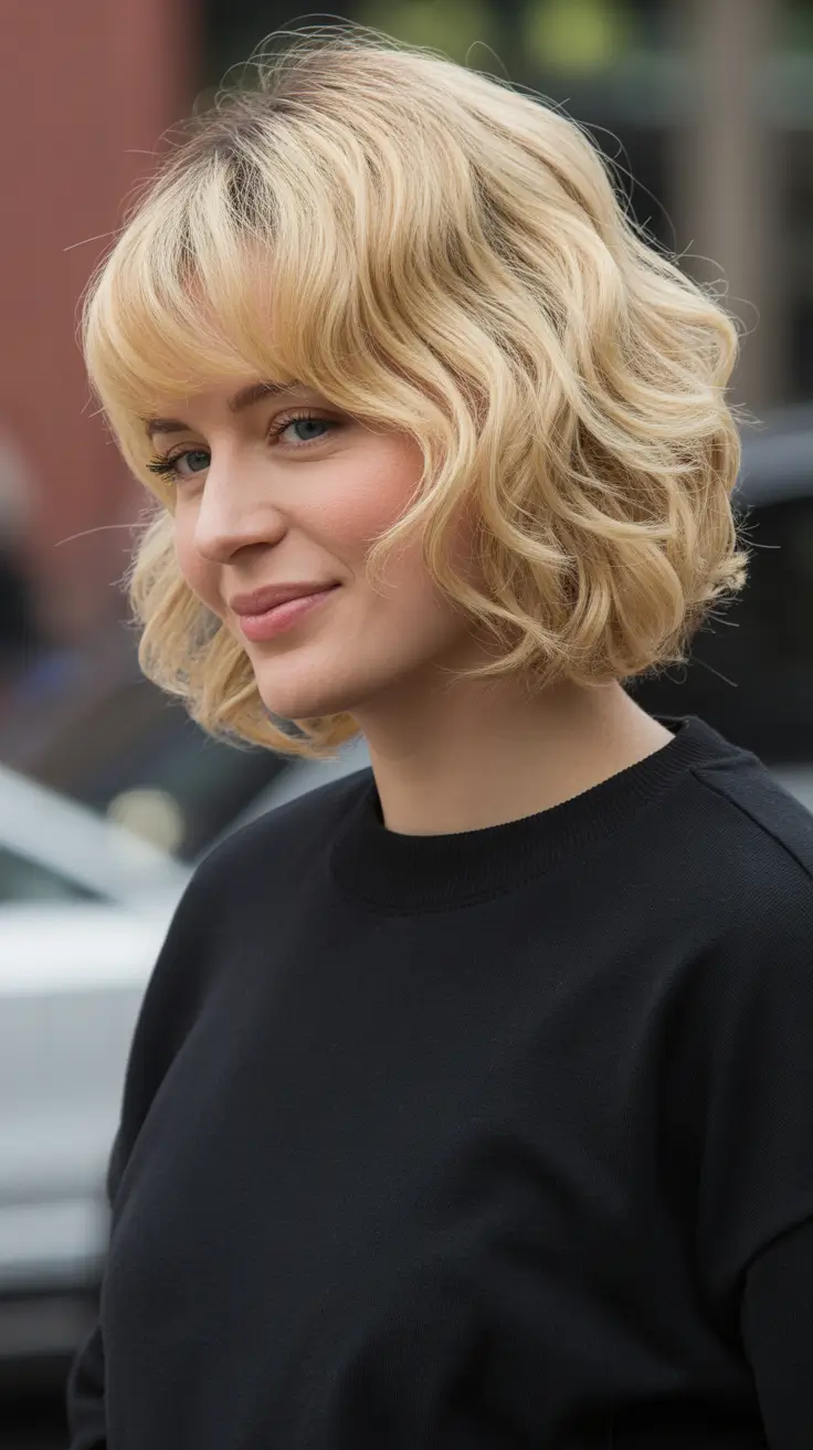 popular spring haircuts for chubby faces 2026 - Voluminous Blonde Bob With Soft Curtain Bangs