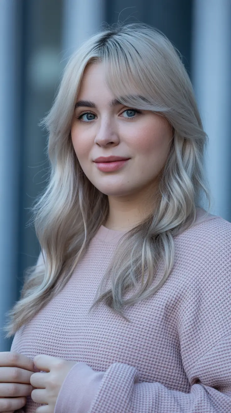 popular spring haircuts for chubby faces 2026 - Long Silvery Layers With Curtain Bangs
