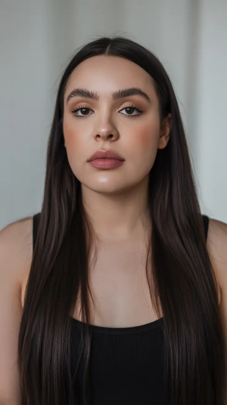 popular spring haircuts for chubby faces 2026 - Sleek Waist-Length Shine With a Deep Middle Part