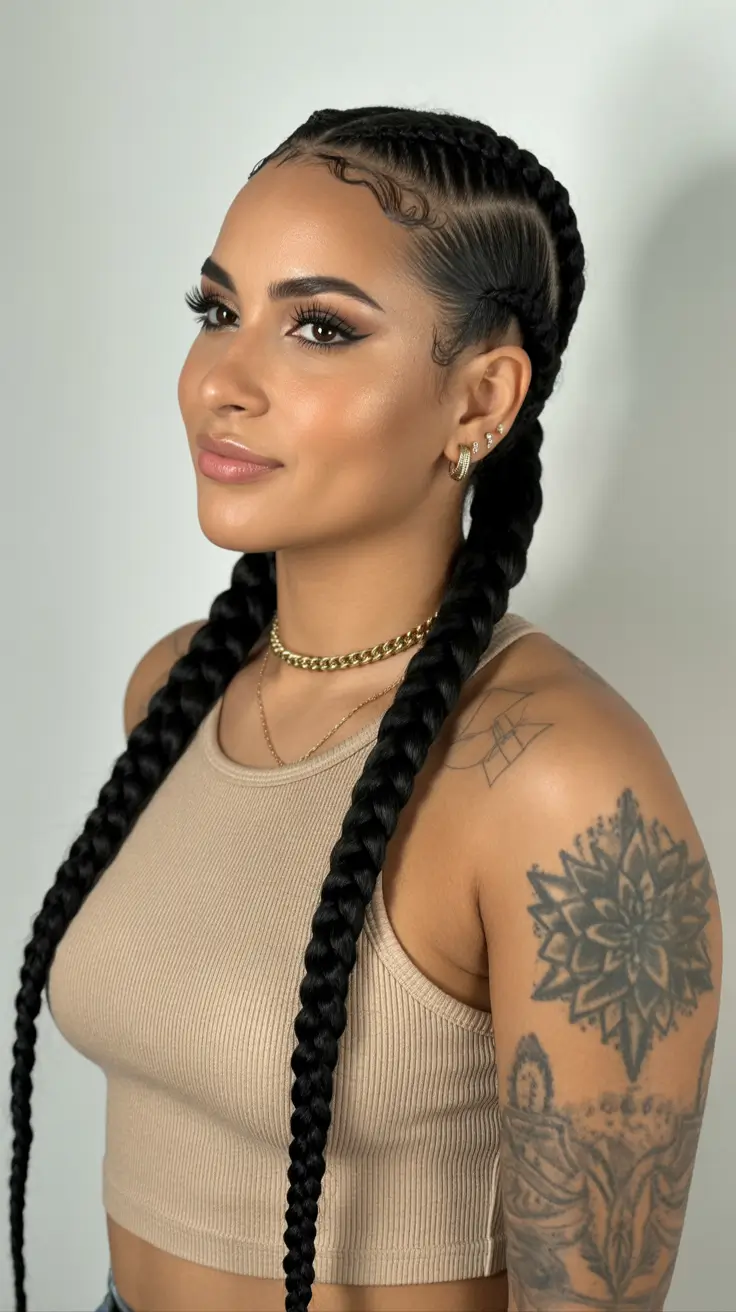 pretty spring braids hairstyle 2026 Classic long twin braids with sculpted edges