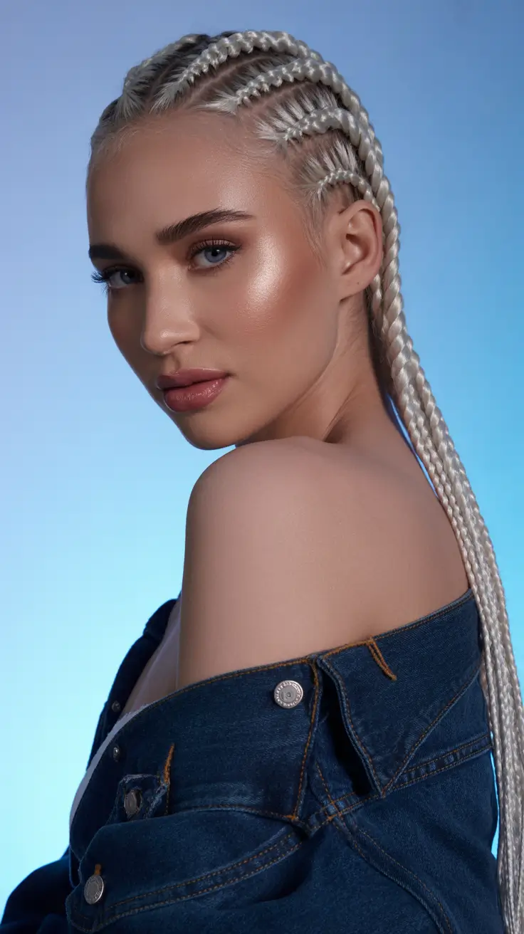 pretty spring braids hairstyle 2026 Platinum feed in braids with graphic parting