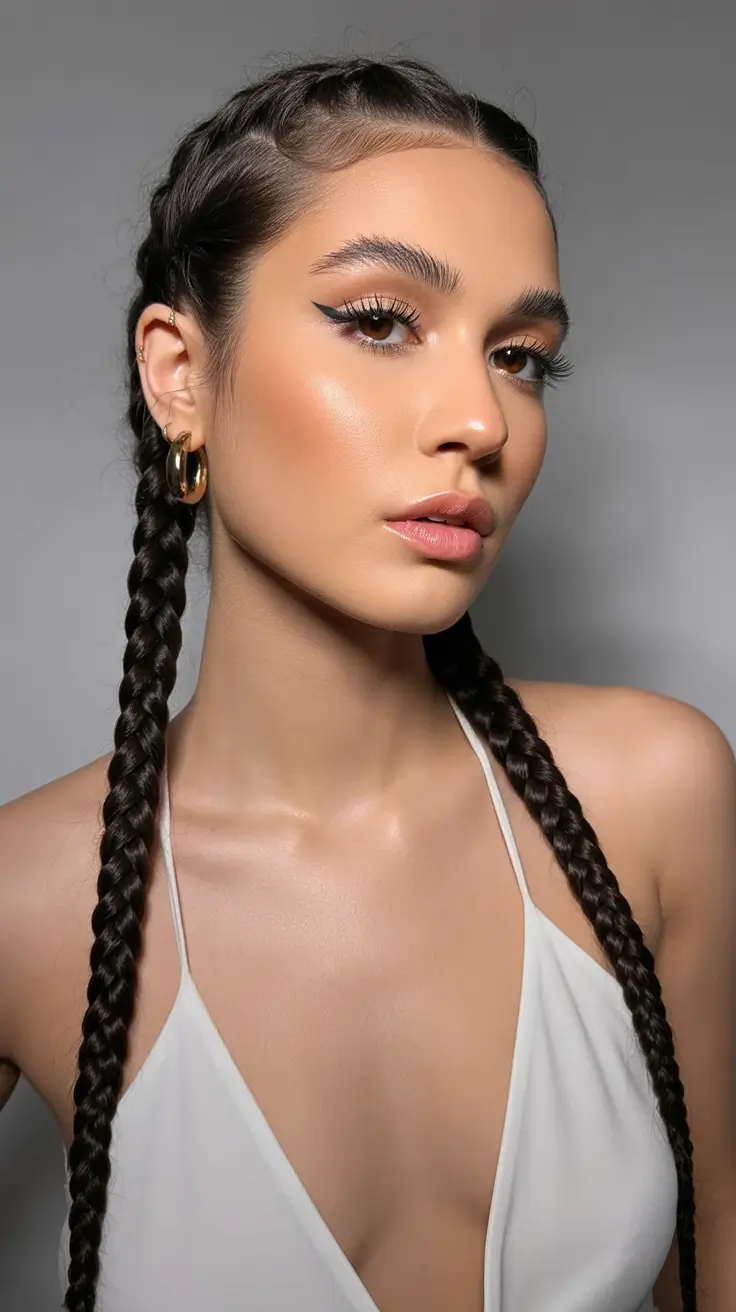 pretty spring braids hairstyle 2026 Defined center part twin braids with sleek roots